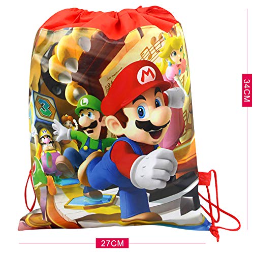 Qemsele Bolsa Mochilas Bolsas de cumpleañoscordón Dibujos Animados Mochila Bolsas para cumpleaños niños y Adultos la Fiesta favorece la Bolsa, Rellenos Bolsas Fiesta 12Pcs (Mario, W10 * H12)