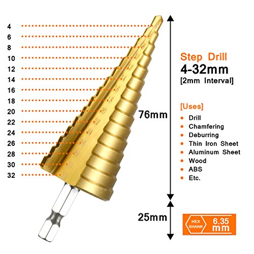 Qibaok Juego de Brocas Escalonadas para Taladro de Titanio – Acero de Alta Velocidad – Juego de 3 piezas de 4-12/4-20/4-32 mm