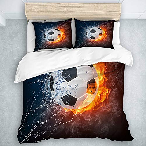 QINCO Bedding Juego de Funda de Edredón,Imagen de balón de fútbol de Alta resolución en Fuego y Agua para Imprimir un Juego de Pelota de fútbol,Microfibra (Cama 220x240 + Almohada 50X80),King