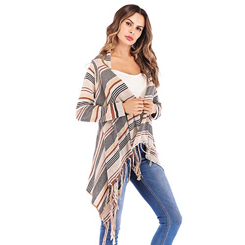 Qingsiy Cárdigans Chaqueta De Punto Jersey De Suelta Punto Suéter Suelto Tejido Casual Primavera Otoño Invierno Rayas de Las Mujeres Poncho Borlas de otoño Slash Gradient Shawl Hem Fringe Flojo