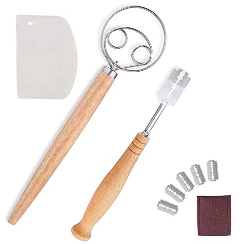 Qooner batidor de masa batidora, cuchillo de pan huevos batidora herramienta mezcladora de 13 pulgadas, mango de madera, batidora de acero inoxidable para bricolaje pan masa y utensilios de cocina