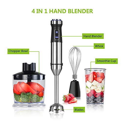 QQO Batidora de Mano, 4-en-1 de Acero Inoxidable 1100W inmersión palillo del Mezclador de Mano Mezclador de Verduras para Picar Carne 500Ml Chopper Bata 800Ml Batido Copa 220V