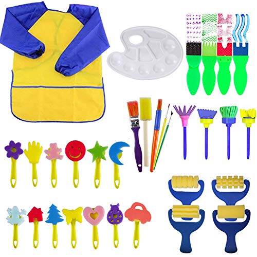 Queta Niños Esponja Pintura Cepillos Kit, Esponja de Cepillos de Pintura Set de Pinceles con Paleta para Niños Arte Artesanía DIY (32 Piezas)