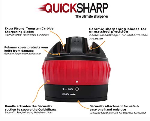QuickSharp® Afilador de Cuchillos - El Mejor Afilador para su Seguridad - con Ventosa de Succión para Resultados Precisos en un Simple Paso (Rojo)