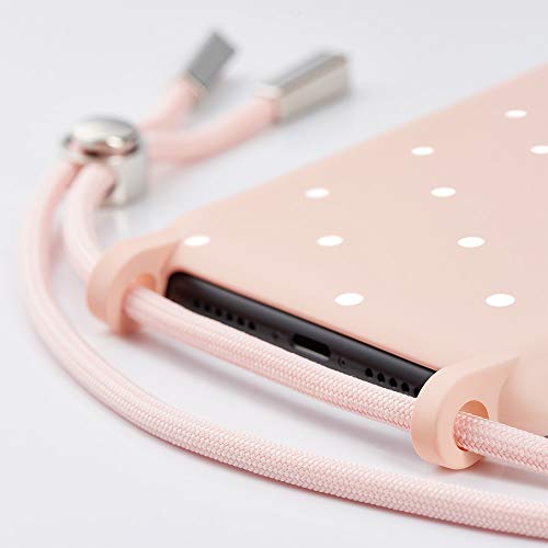 QULT Funda con Cuerda Compatible con iPhone XR Carcasa de movil con Colgante Cadena Suave Silicona Necklace Bumper Case Rosa Pastel Motivo Puntos Blancos