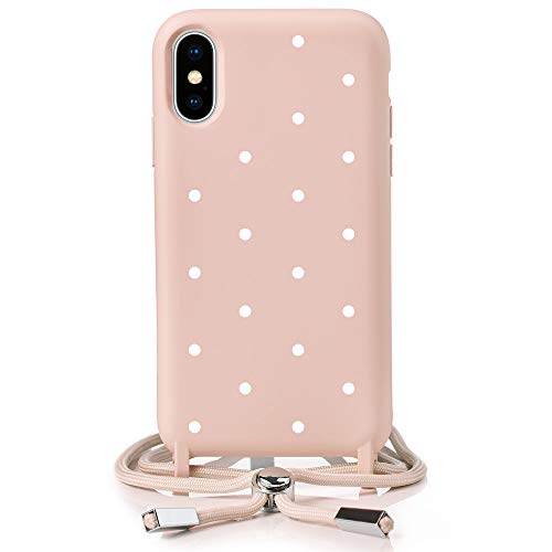 QULT Funda con Cuerda Compatible con iPhone XR Carcasa de movil con Colgante Cadena Suave Silicona Necklace Bumper Case Rosa Pastel Motivo Puntos Blancos