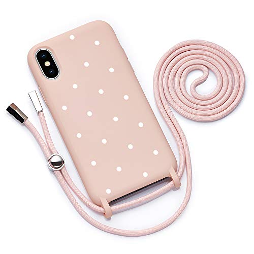 QULT Funda con Cuerda Compatible con iPhone XR Carcasa de movil con Colgante Cadena Suave Silicona Necklace Bumper Case Rosa Pastel Motivo Puntos Blancos