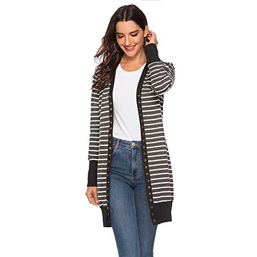 qulvyushangmaobu Mujer Otoño Invierno Rayas Cárdigan Suéter Moda Suelto Manga Larga Chaqueta Mujeres Cárdigan Manga Larga Chaqueta de Punto Jersey de Suelta Punto con Frente Abierto Rebecas Abrigo