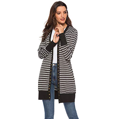 qulvyushangmaobu Mujer Otoño Invierno Rayas Cárdigan Suéter Moda Suelto Manga Larga Chaqueta Mujeres Cárdigan Manga Larga Chaqueta de Punto Jersey de Suelta Punto con Frente Abierto Rebecas Abrigo