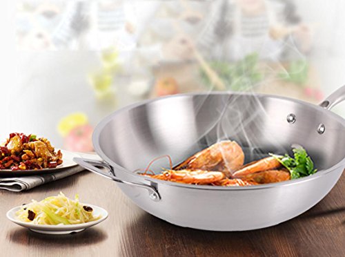 QXX Wok Non-smoking Pan antiadherente de acero inoxidable sin revestir Multi-función acolchada Wok regalo del día de la madre