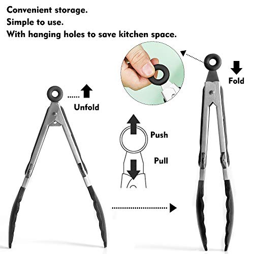 Raniaco Pinzas de Cocina Utensilios Barbacoa Pinzas Cocina Acero Inoxidable 304 y Mango de Silicona, Pinzas Barbacoa de 9"y 12" con Soporte y Orificio para Colgar, Pinzas Chef Negro