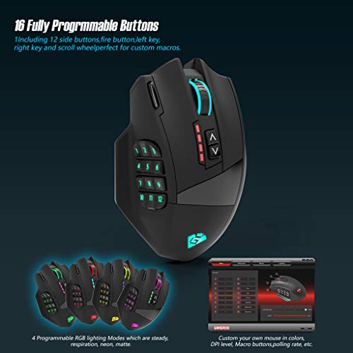 Ratón inalámbrico para juegos Gamspeed V8 Pro RGB MMO sin retraso, sensor óptico de 16,000 DPI, tecnología de transmisión de 2.4 GHz, iluminación RGB cromática, 16 botones programables