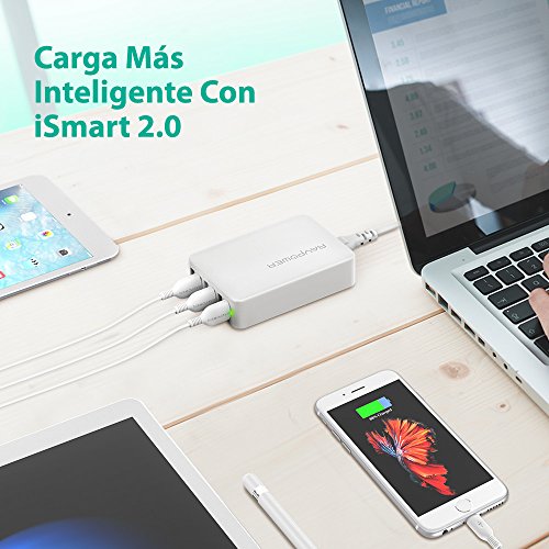 RAVPOWER Cargador USB 60W 12A 6-Puertos, Cargador de Red con Tecnología iSmart para iPhone, iPad, Samsung, Motorola, HTC, LG, Huawei y Más (Blanco)