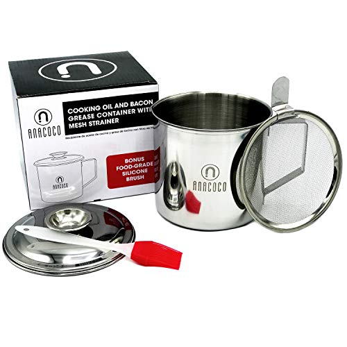 Recipiente de Acero Inoxidable para Grasa de Beicon, Envase para Almacenar Aceite de Cocina con Colador de Malla, Contenedor de 1,2 Litros para Grasa con Filtro. De Regalo un Pincel de Silicona