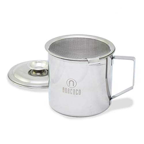 Recipiente de Acero Inoxidable para Grasa de Beicon, Envase para Almacenar Aceite de Cocina con Colador de Malla, Contenedor de 1,2 Litros para Grasa con Filtro. De Regalo un Pincel de Silicona