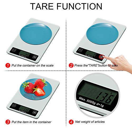 Redmoo Báscula de Cocina Digital, báscula Digital 5 kg de Capacidad de Carga, precisión de hasta 1 g, báscula de Cocina con Pantalla LCD fácil de Leer, con función de pesaje (Plateado)