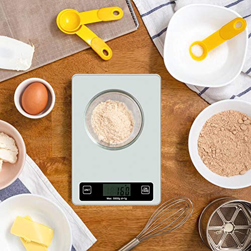 Redmoo Báscula de Cocina Digital, báscula Digital 5 kg de Capacidad de Carga, precisión de hasta 1 g, báscula de Cocina con Pantalla LCD fácil de Leer, con función de pesaje (Plateado)