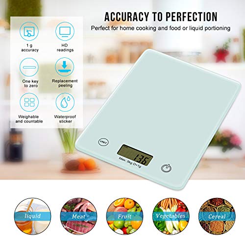 Redmoo Báscula de Cocina Digital, báscula Digital 5 kg de Capacidad de Carga, precisión de hasta 1 g, báscula de Cocina con Pantalla LCD fácil de Leer, con función de pesaje (Blanco)