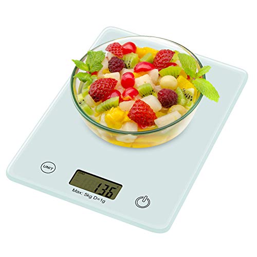 Redmoo Báscula de Cocina Digital, báscula Digital 5 kg de Capacidad de Carga, precisión de hasta 1 g, báscula de Cocina con Pantalla LCD fácil de Leer, con función de pesaje (Blanco)