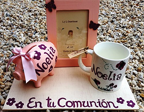 Regalo comunión personalizado en tonos rosas, taza de desayuno, marco y cerdito hucha 22