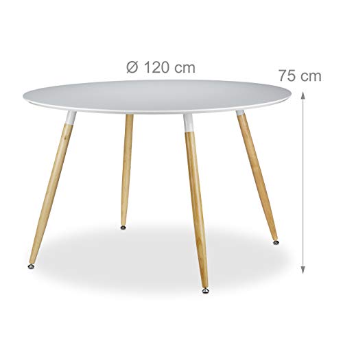 Relaxdays, 75 x 120 cm, Mesa Comedor Redonda Grande Arvid, Mueble Cocina, DM-Madera-Metal, Blanco