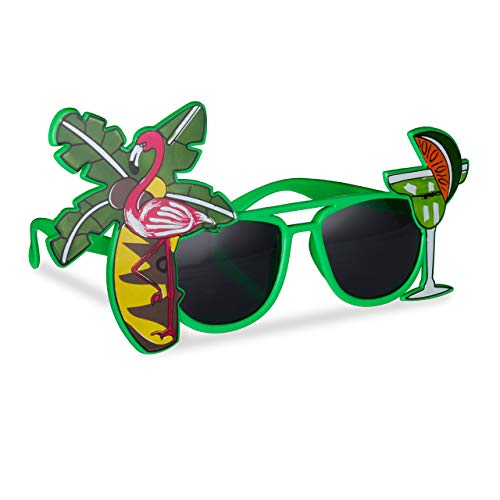 Relaxdays Gafas de Fiesta Hawaianas, Diseño Tropical con Cóctel, Flamenco y Palmera, Plástico, Verde, color, (10024246)