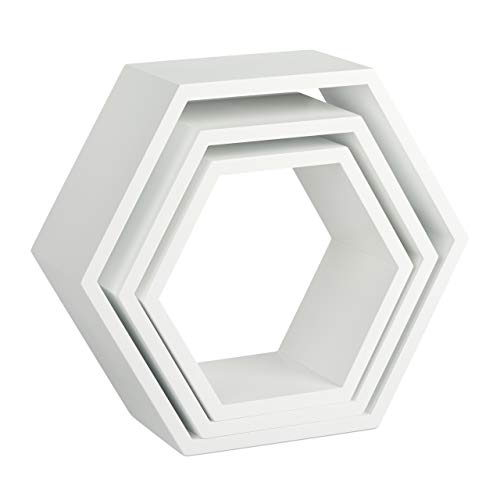 Relaxdays Juego de Baldas Pared Grandes Hexagonales, Madera MDF, Blanco, 3 Unidades