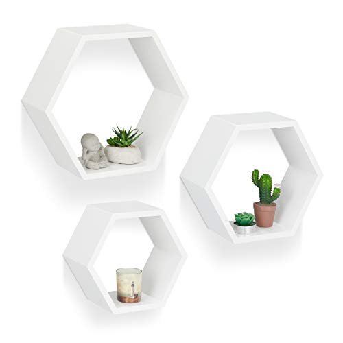 Relaxdays Juego de Baldas Pared Grandes Hexagonales, Madera MDF, Blanco, 3 Unidades