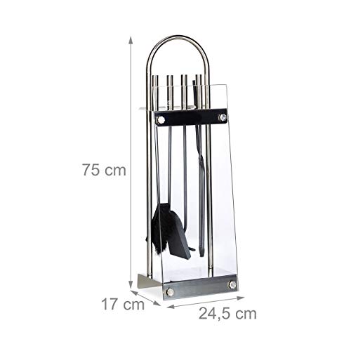 Relaxdays Juego de Utensilios de Chimenea con Soporte de Cristal, Acero Inoxidable, Plateado, 75x24.5x17 cm, 5 Unidades