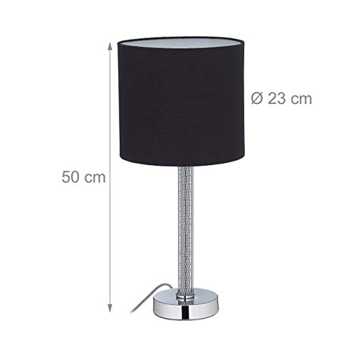 Relaxdays Lámpara de mesa, Pantalla textil redonda, E27, Luz de salón & dormitorio, 50 x 23 cm, Negro