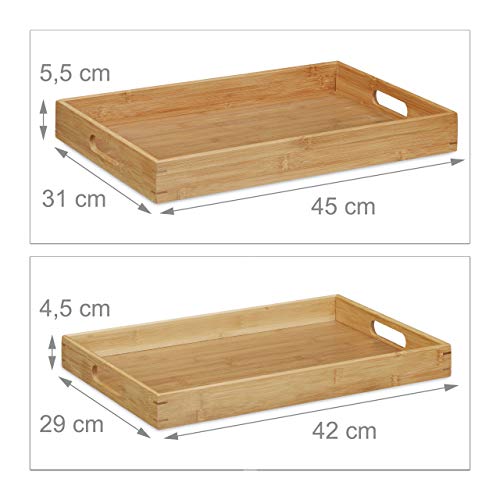 Relaxdays Pack de 2 Bandejas Madera Rectangular con Asas y Reborde, Bambú, Marrón, 45 x 42 cm