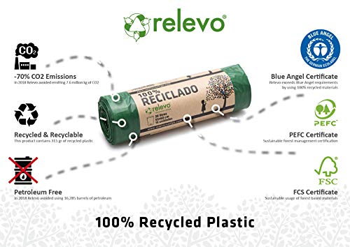 Relevo 100% Reciclado Bolsas de Basura, extra resistentes 30 L, 15 bolsas