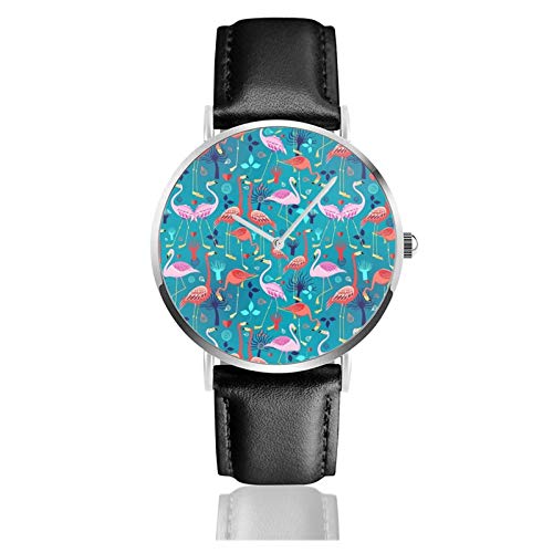 Reloj clásico, hermoso patrón de amantes de flamenco, correa de cuero negro, correa de muñeca, relojes casuales