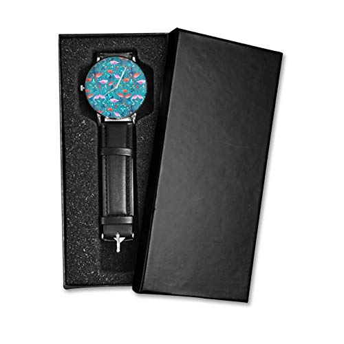 Reloj clásico, hermoso patrón de amantes de flamenco, correa de cuero negro, correa de muñeca, relojes casuales