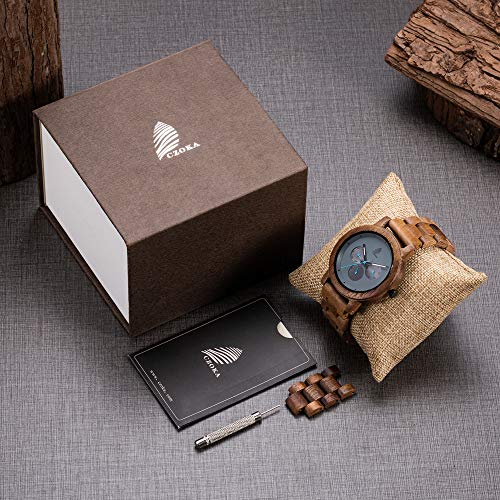 Reloj De Madera para Hombres y Mujeres, CZOKA Natural Nogal Negro/Oliva Movimiento de Cuarzo japonés con Correa Ajustable Artesanía Artesanal Madera Relojes