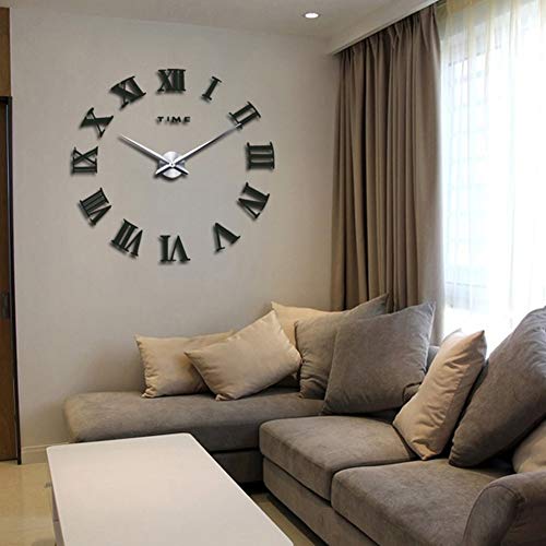 Reloj de pared 3D sin marco, mudo de goma EVA, adhesivo acrílico extraíble, gran superficie de espejo, número romano, decoración para recámara, hogar o oficina