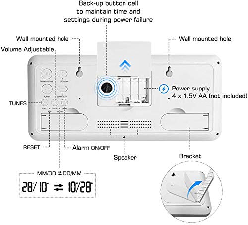 Reloj de pared digital grande-MQUPIN Reloj de pared LCD de escritorio de 14 '' con ajuste automático de hora Alarmas duales Volumen ajustable de temperatura para la oficina del dormitorio (Blanco)