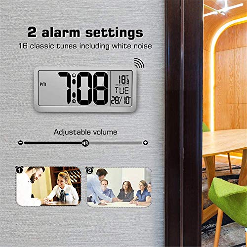 Reloj de pared digital grande-MQUPIN Reloj de pared LCD de escritorio de 14 '' con ajuste automático de hora Alarmas duales Volumen ajustable de temperatura para la oficina del dormitorio (Blanco)