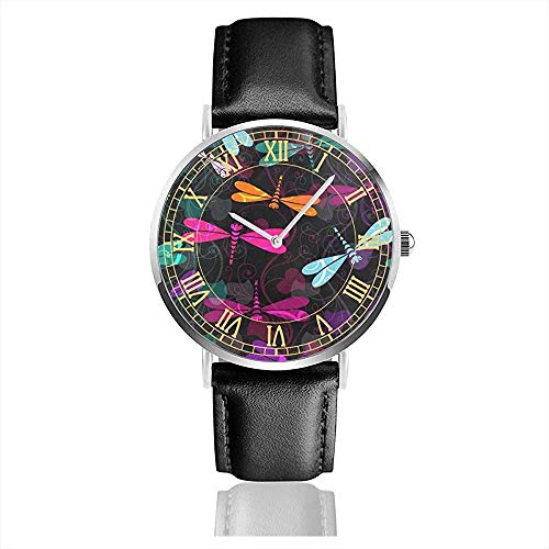 Reloj de Pulsera Unisex Damasco Flower Dragonfly con Caja Plateada de Acero Inoxidable, Correa de Cuero, Esfera de Cristal