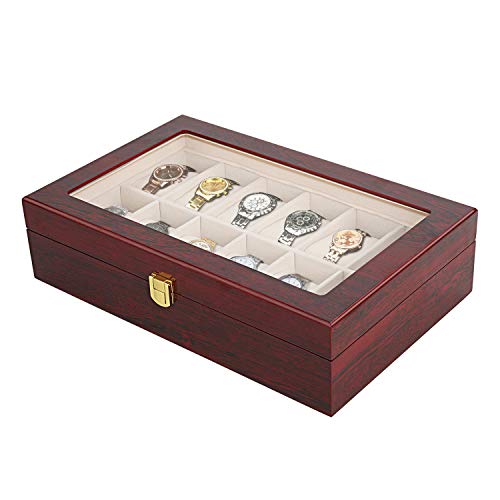 Relojes Caja, Gifrot Caja de Reloj de Madera 12 Estuche joyería de Almacenamiento con Parte Superior de Cristal y Almohadillas de Almacenamiento extraíble (12, Rojo)