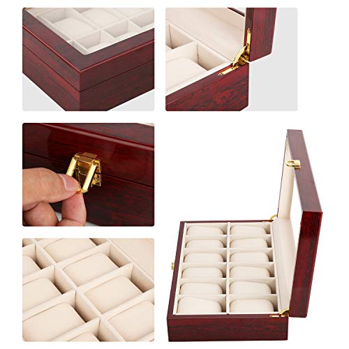 Relojes Caja, Gifrot Caja de Reloj de Madera 12 Estuche joyería de Almacenamiento con Parte Superior de Cristal y Almohadillas de Almacenamiento extraíble (12, Rojo)