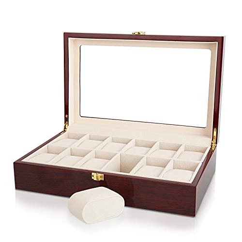 Relojes Caja, Gifrot Caja de Reloj de Madera 12 Estuche joyería de Almacenamiento con Parte Superior de Cristal y Almohadillas de Almacenamiento extraíble (12, Rojo)