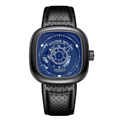 Relojes De Pulsera Reloj De Pulsera De Cuero Cuadrado Mecánico Automático Hueco para Hombre @ Copa Negra Superficie Negra