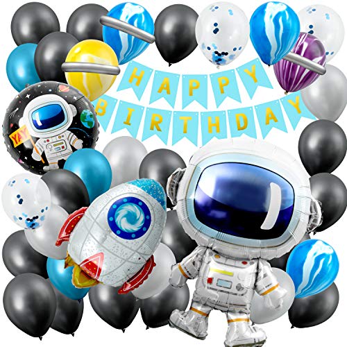 Remebe Decoraciones Cumpleaños, Decoraciones de Fiesta temáticas del Espacio Exterior, Astronauta Cohete Globos Foil y Happy Birthday Pancarta Astronauta Globos Látex, Astronaut Foil Balloon Espacial