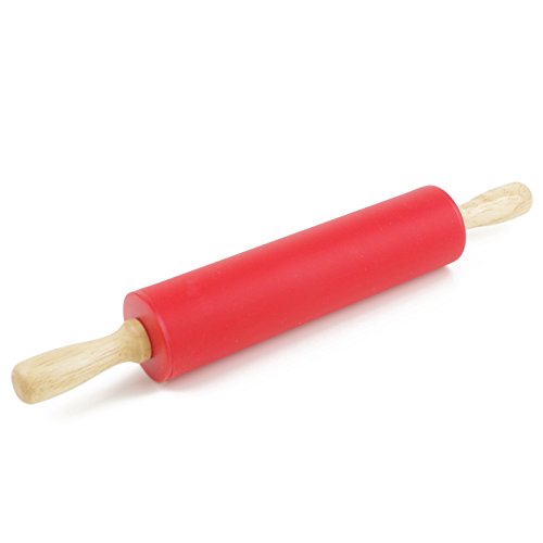 Remeel Rodillo Pastelero de Silicona con Manija de Madera de Superficie Antiadherente (Rojo, 30cm)