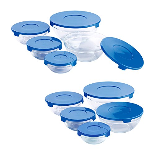 Renberg Set de 20 Piezas-10 Tapas-Contenedores para Alimentos, Vidrio, Azul, Medidas diversas: 150, 200, 350, 500 y 900 ml. (2 Unidades de Cada, 20x19x18 cm