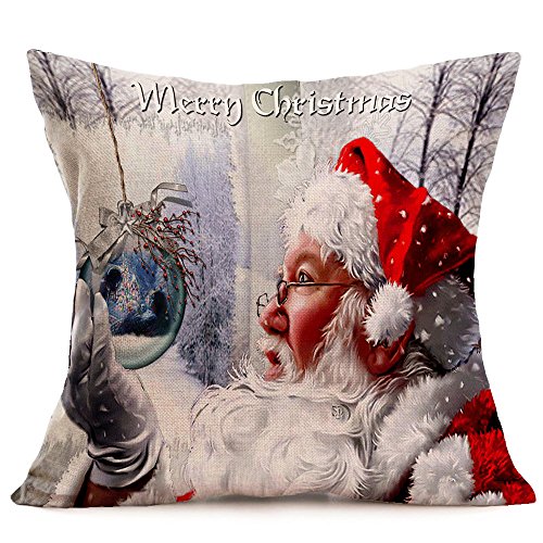 Reooly Merry Christmas Linen Santa Fundas de Almohada Funda de cojín para sofá Decoración del hogar 45cm * 45cm