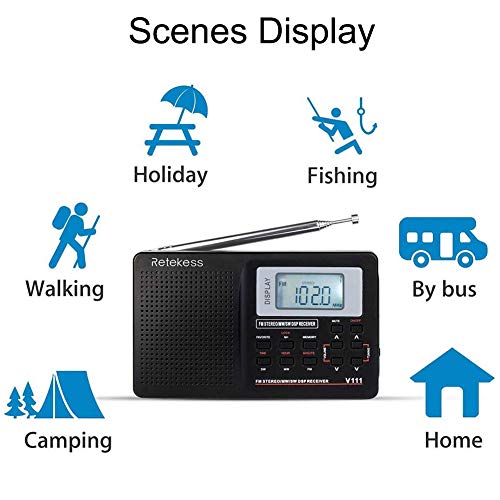 Retekess V111 Radio Portátil FM Am SW, DSP Radio de Bolsillo con Temporizador de Reposo, Radio de Onda Corta con Hora y Despertador, para Familia, Cocina, Exteriores, Viajes