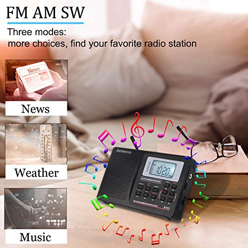 Retekess V111 Radio Portátil FM Am SW, DSP Radio de Bolsillo con Temporizador de Reposo, Radio de Onda Corta con Hora y Despertador, para Familia, Cocina, Exteriores, Viajes