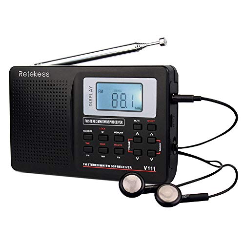 Retekess V111 Radio Portátil FM Am SW, DSP Radio de Bolsillo con Temporizador de Reposo, Radio de Onda Corta con Hora y Despertador, para Familia, Cocina, Exteriores, Viajes